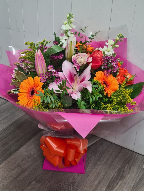 Pink & orange floral lily bouquet valentine’s day flowers